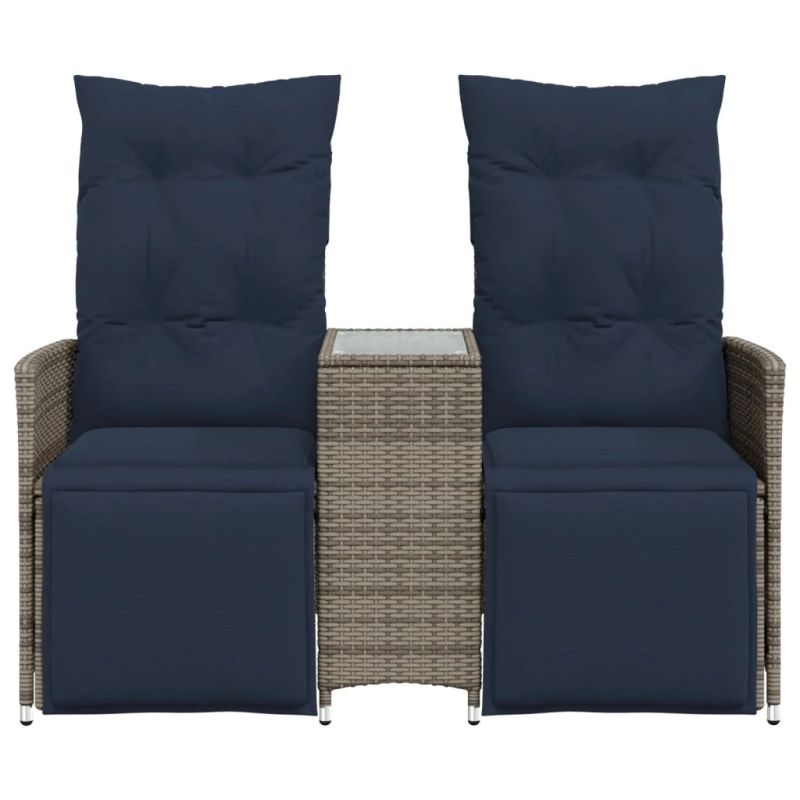 vidaXL atgāžams dārza dīvāns, divvietīgs, ar galdu, pelēks, polietilēna rotangpalma