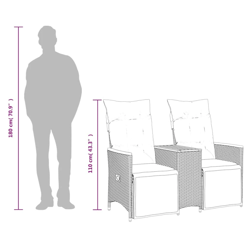 vidaXL atgāžams dārza dīvāns, divvietīgs, ar galdu, pelēks, polietilēna rotangpalma