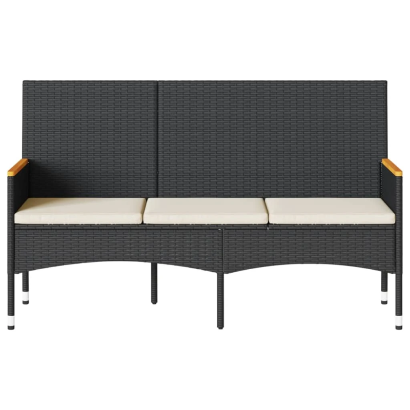 vidaXL trīsvietīgs dārza sols ar matračiem, melna PE rotangpalma
