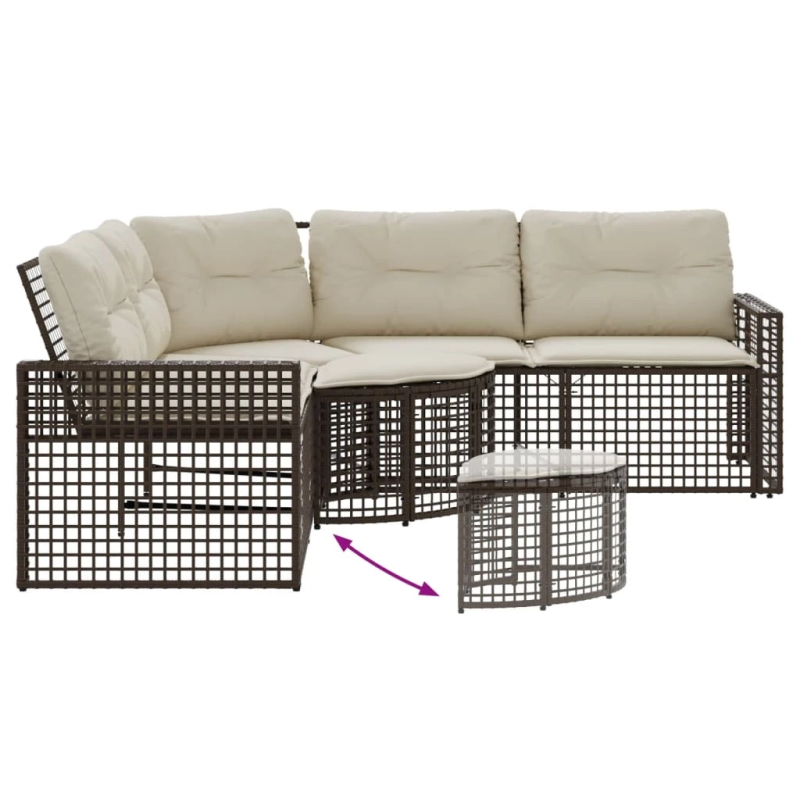 vidaXL dārza dīvāns ar spilveniem un kājsoliņu, brūna PE rotangpalma