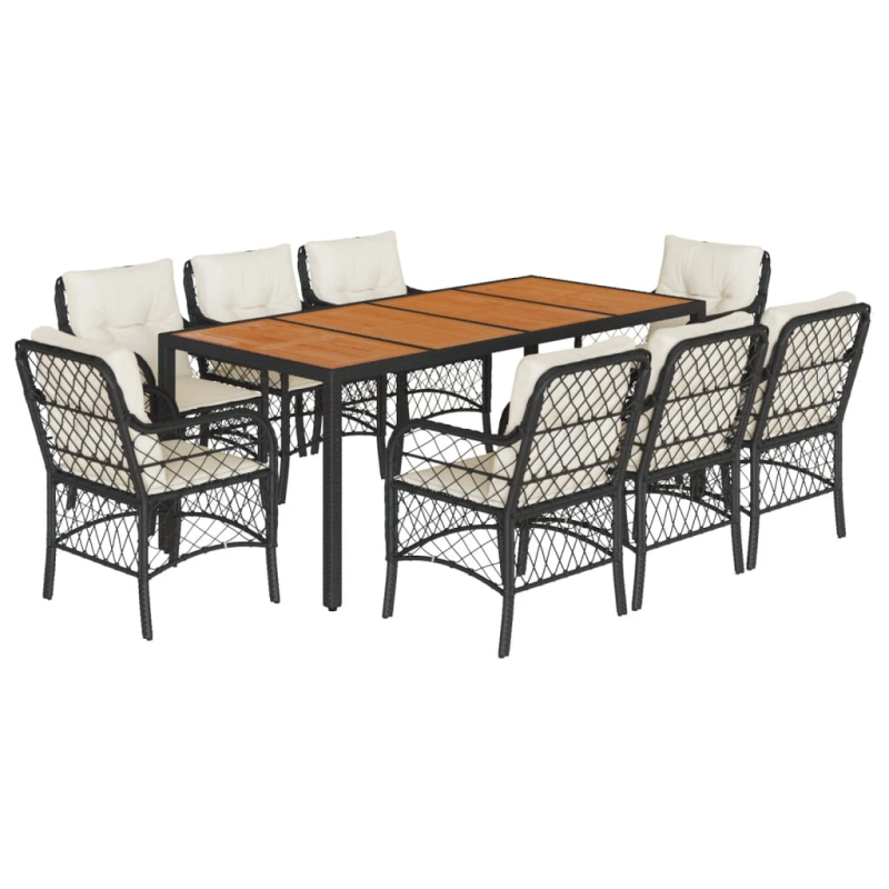 vidaXL 9-daļīgs dārza mēbeļu komplekts, matrači, melns, PE rotangpalma