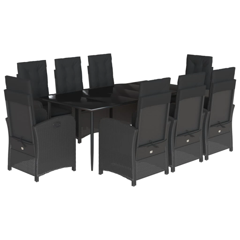 vidaXL 9-daļīgs dārza mēbeļu komplekts, matrači, melns, PE rotangpalma