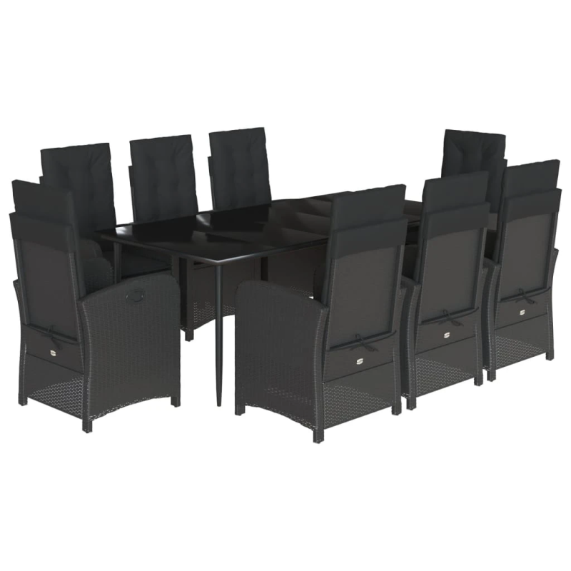 vidaXL 9-daļīgs dārza mēbeļu komplekts, matrači, melns, PE rotangpalma