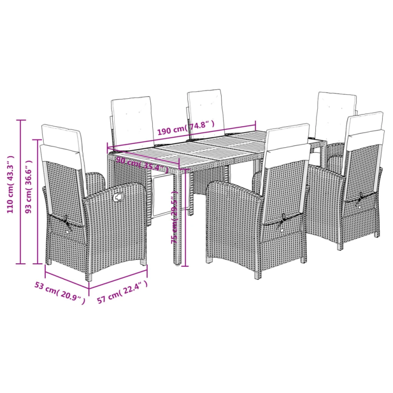 vidaXL 7-daļīgs dārza mēbeļu komplekts ar matračiem, PE rotangpalma