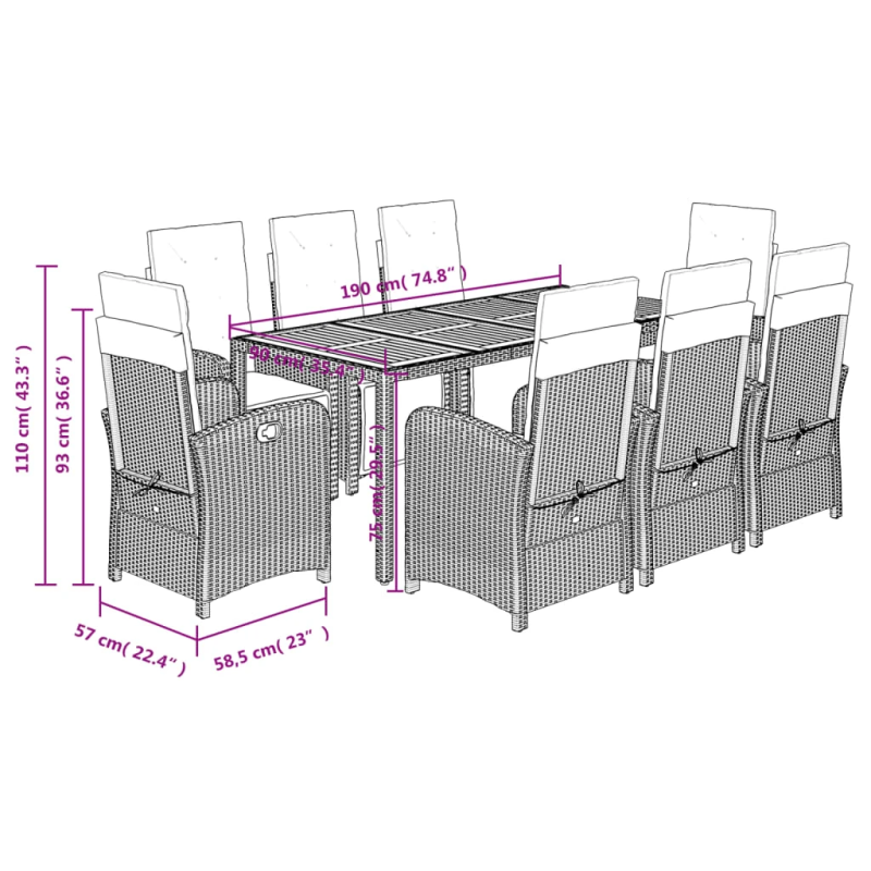 vidaXL 9-daļīgs dārza mēbeļu komplekts, matrači, melns, PE rotangpalma