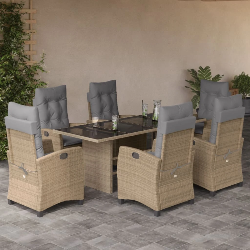 vidaXL 7-daļīgs virtuves mēbeļu komplekts ar matračiem,PE rotangpalma