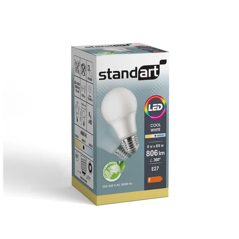 Lemputė Standart Integruota LED, A60, 4000 °K, E27, 8 W, 806 lm
