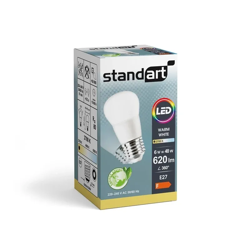 Лампочка Standart Встроенная LED, P45, 2700 °К, E27, 6 Вт, 620 лм