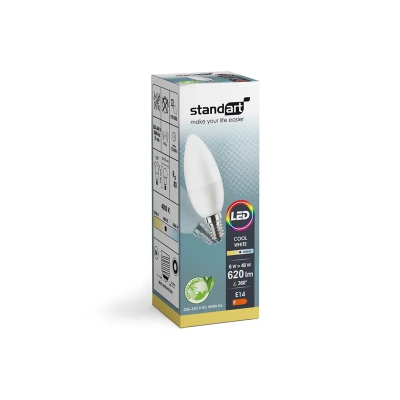 Lemputė Standart Integruota LED, B35, 4000 °K, E14, 6 W, 620 lm