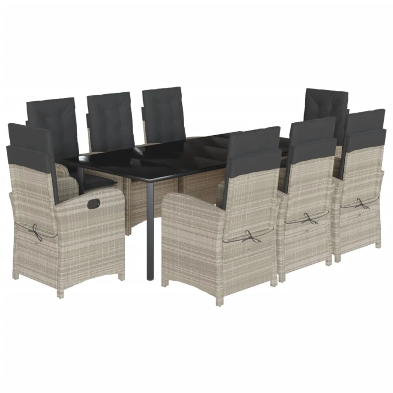 vidaXL 9-daļīgs dārza mēbeļu komplekts, matrači,gaiši pelēka PE pinums