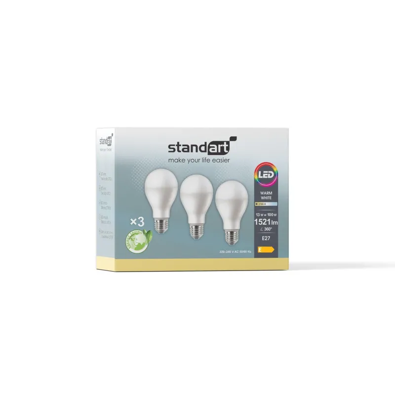 Spuldze Standart Integrētā LED spuldze, A60, 2700 °K, E27, 13 W, 1521 lm, 3 gab.
