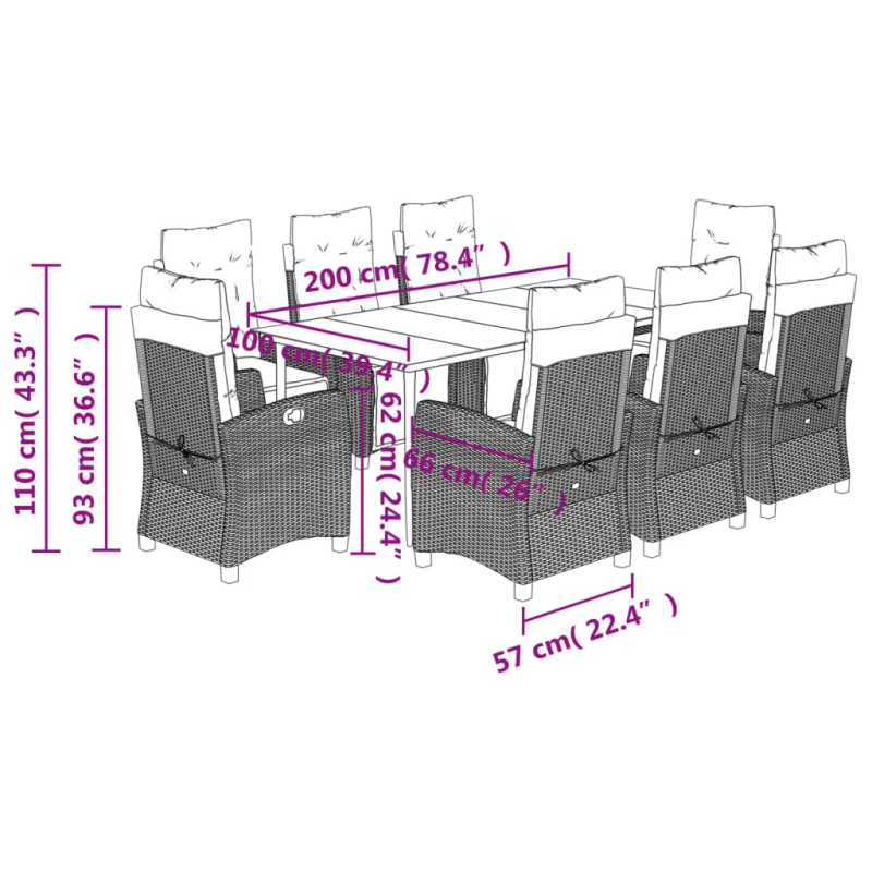 vidaXL 9-daļīgs dārza mēbeļu komplekts, matrači,gaiši pelēka PE pinums