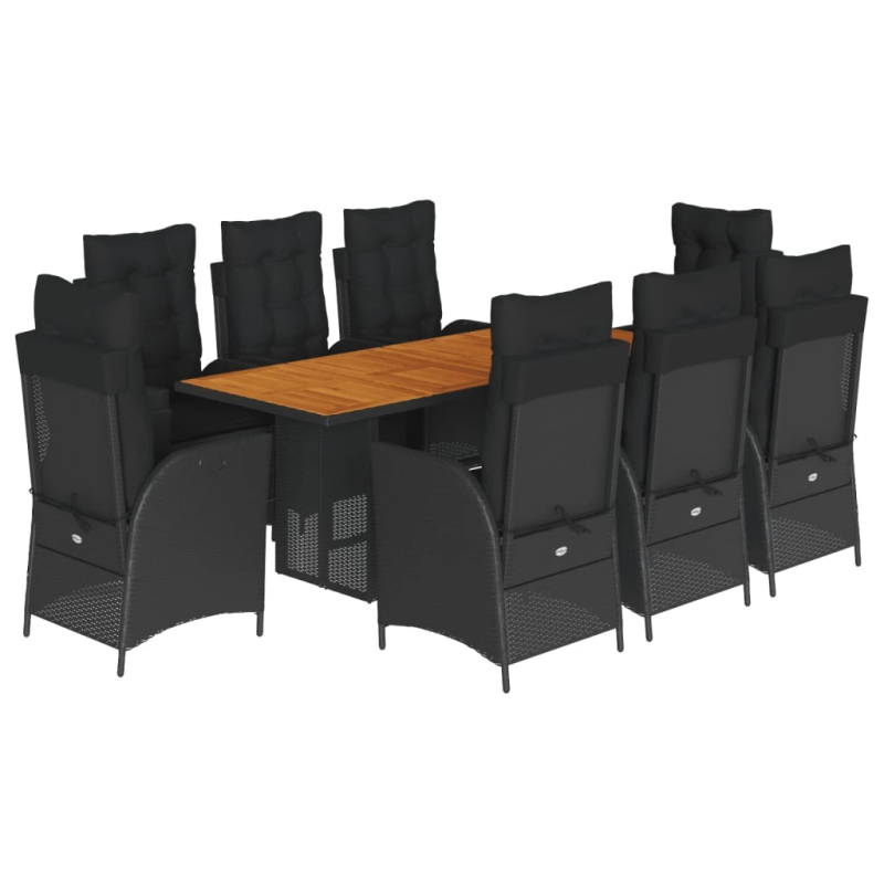 vidaXL 9-daļīgs dārza mēbeļu komplekts, matrači, melns, PE rotangpalma