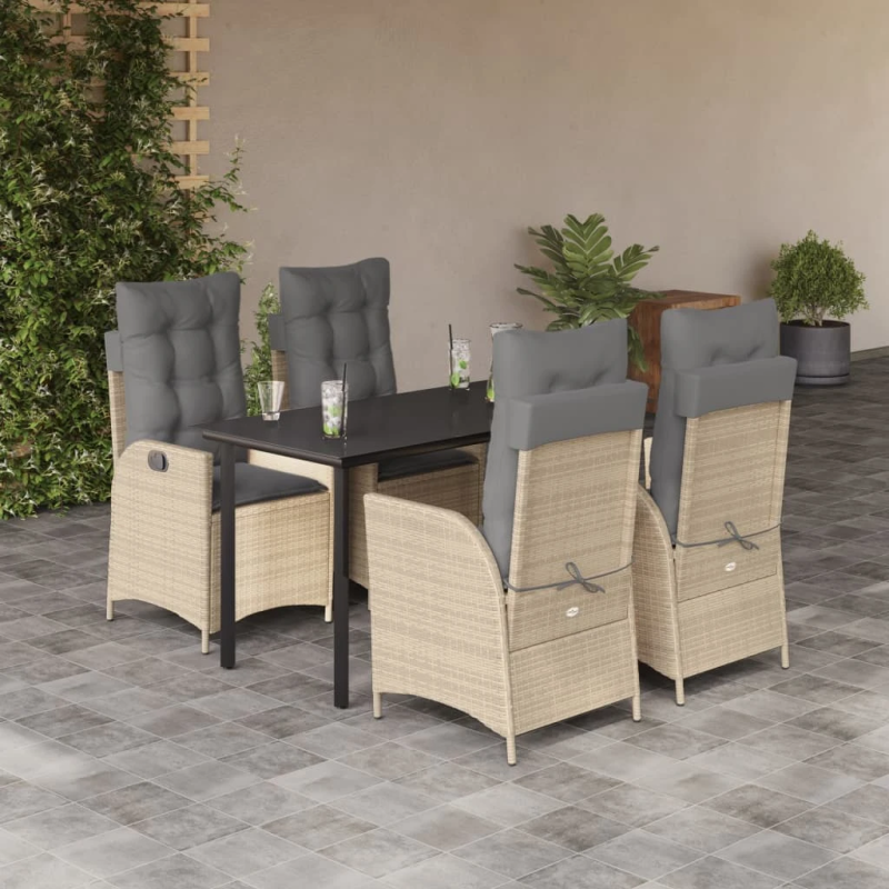 vidaXL 5-daļīgs dārza mēbeļu komplekts, matrači, bēša PE rotangpalma