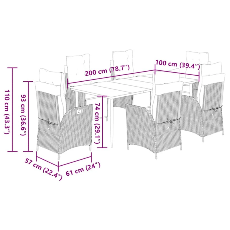 vidaXL 7-daļīgs dārza mēbeļu komplekts, matrači, brūna PE rotangpalma