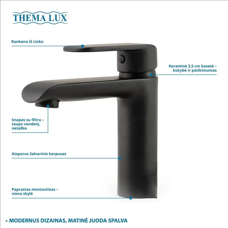 Izlietņu jaucējkrāns Thema Lux DF123 Black DF12301-1, matēts melns