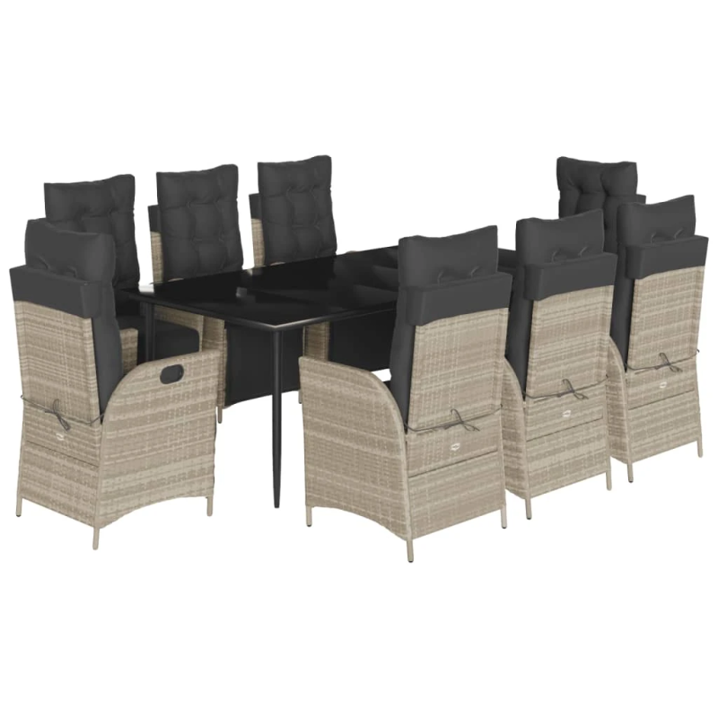 vidaXL 9-daļīgs dārza mēbeļu komplekts, matrači,gaiši pelēka PE pinums