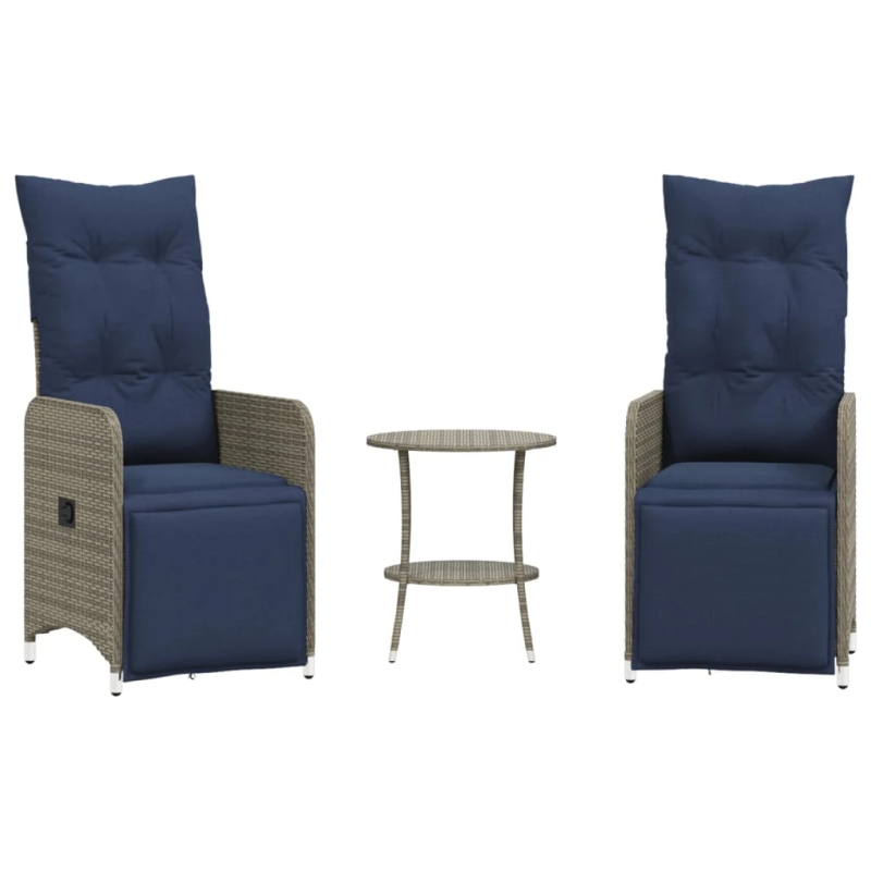 vidaXL atgāžami dārza krēsli, 2 gab., ar galdu, pelēks polietilēna rotangpalmas pinums