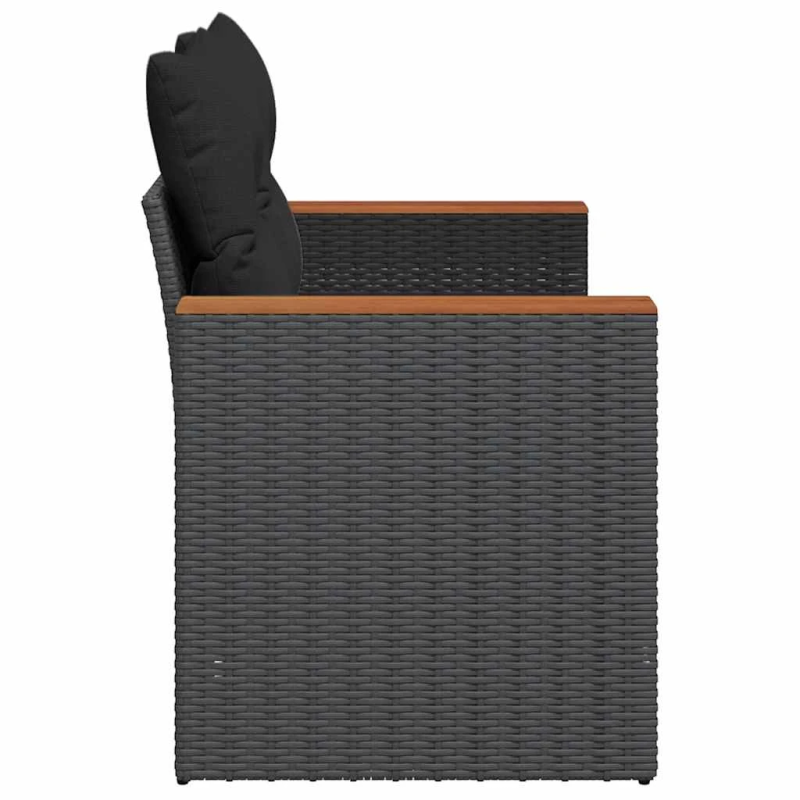 vidaXL dārza dīvāns ar spilveniem, divvietīgs, melns, polietilēna rotangpalma