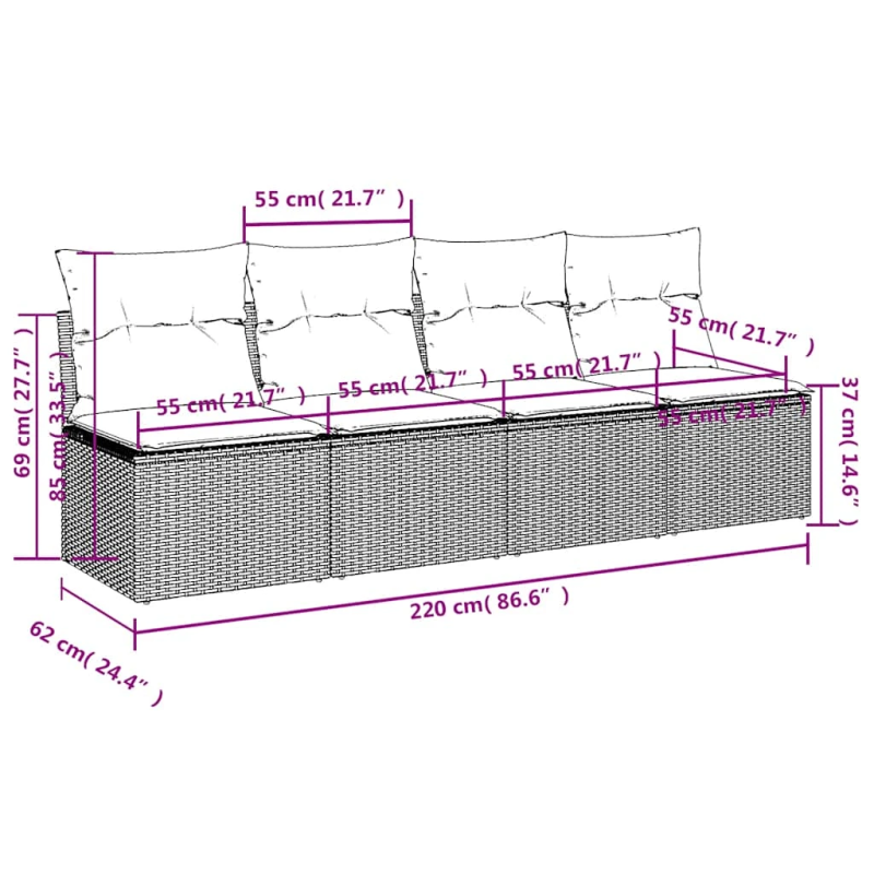 vidaXL četrvietīgs dārza dīvāns ar matračiem, pelēka PE rotangpalma