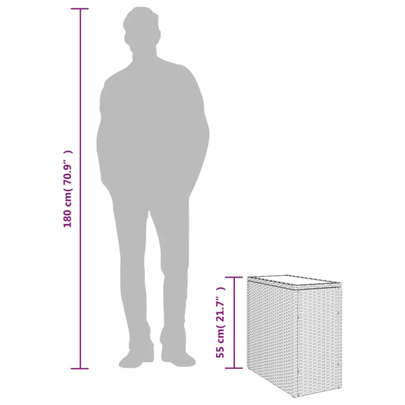 vidaXL dārza galds, stikla virsma, 58x27,5x55cm, pelēka PE rotangpalma