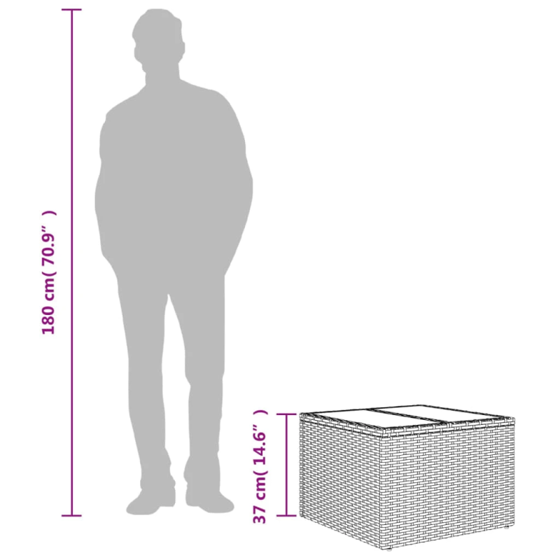 vidaXL dārza galds, stikla virsma, gaiši pelēks, 55x55x37cm, PE pinums