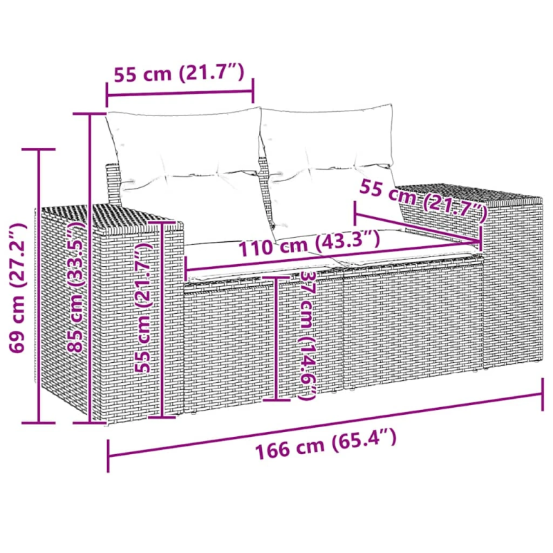 vidaXL divvietīgs dārza dīvāns ar matračiem, brūna PE rotangpalma