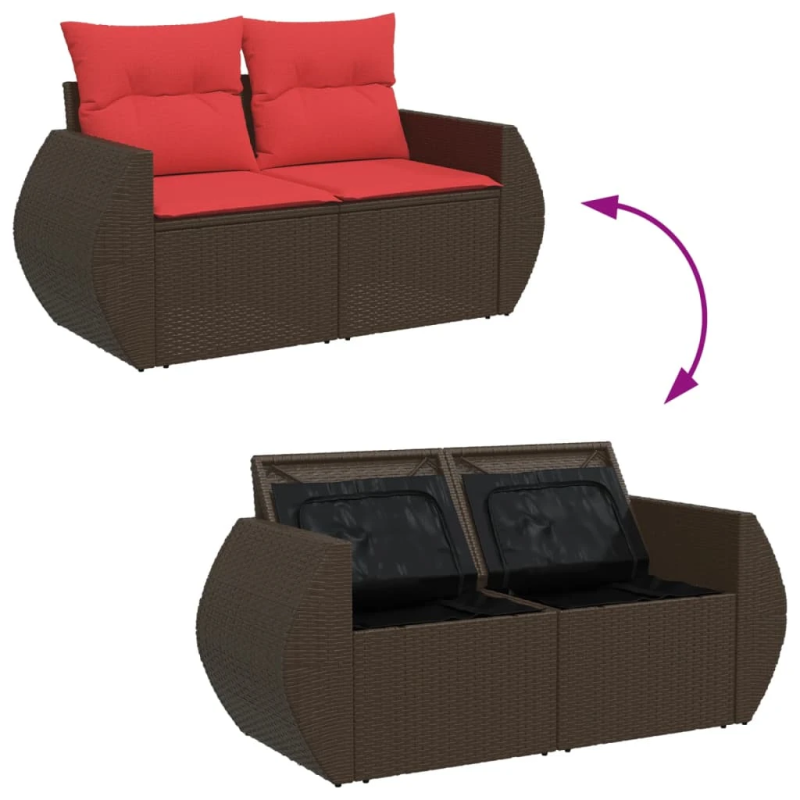 vidaXL dārza dīvāns ar spilveniem, divvietīgs, brūns polietilēna rotangpalmas audums