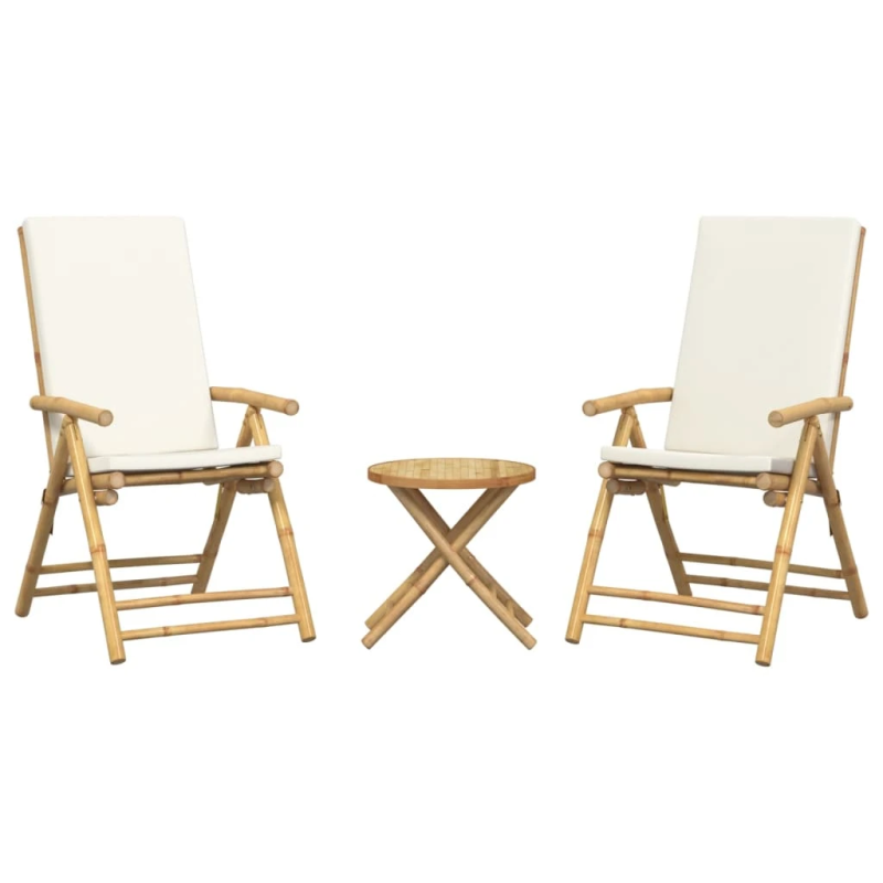 vidaXL 3-daļīgs bistro mēbeļu komplekts ar krēmbalti spilveni, bambuss