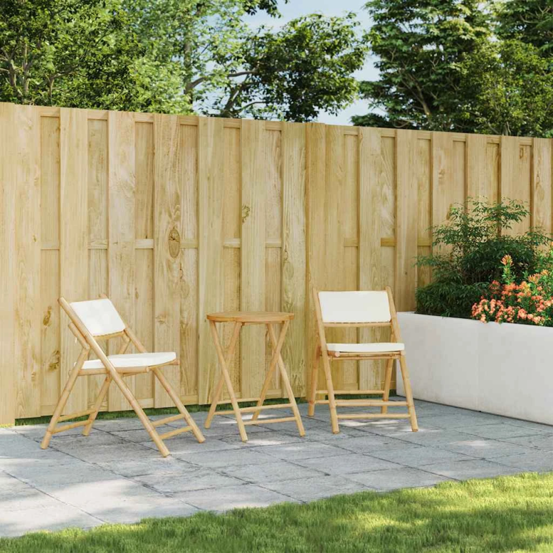 vidaXL 3-daļīgs bistro mēbeļu komplekts ar krēmbalti spilveni, bambuss