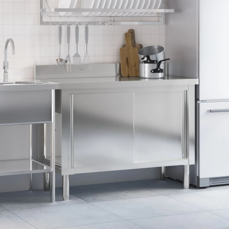 vidaXL darba galds ar bīdāmām durvīm, nerūsējošs tērauds