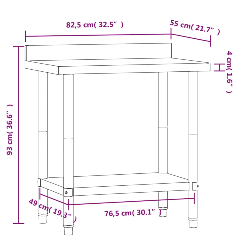 vidaXL virtuves darba galds, 82,5x55x93 cm, nerūsējošs tērauds