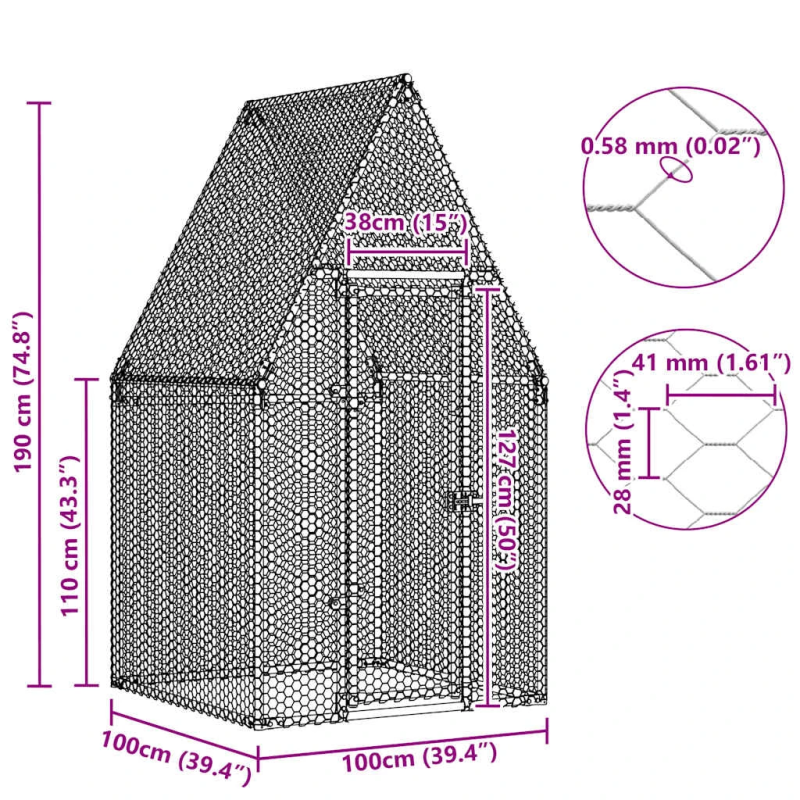 vidaXL vistu būris, sudrabains, 100x100x190 cm, cinkots tērauds