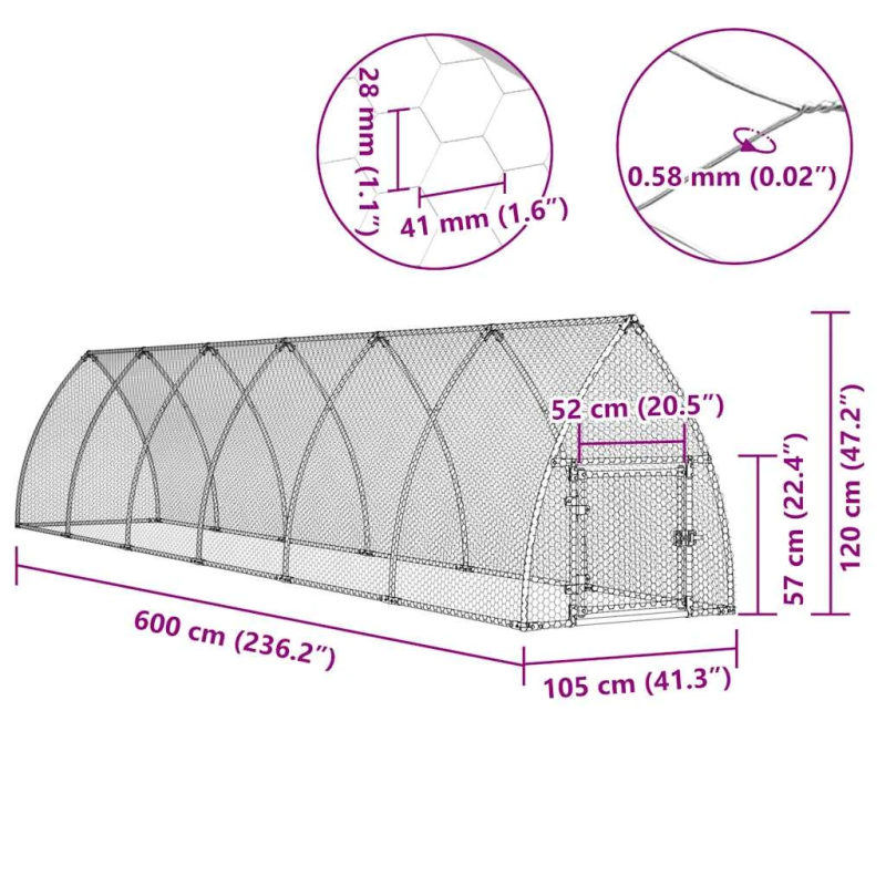 vidaXL vistu būris, sudrabains, 600x105x120 cm, cinkots tērauds