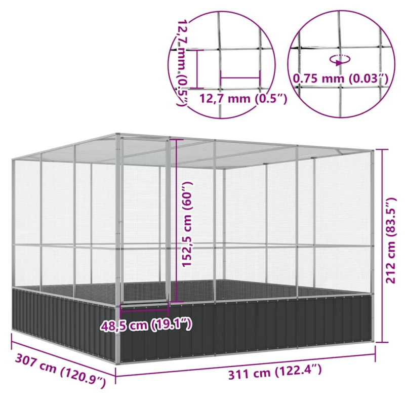 vidaXL putnu māja, sudraba krāsa, 311x307x212 cm, tērauds