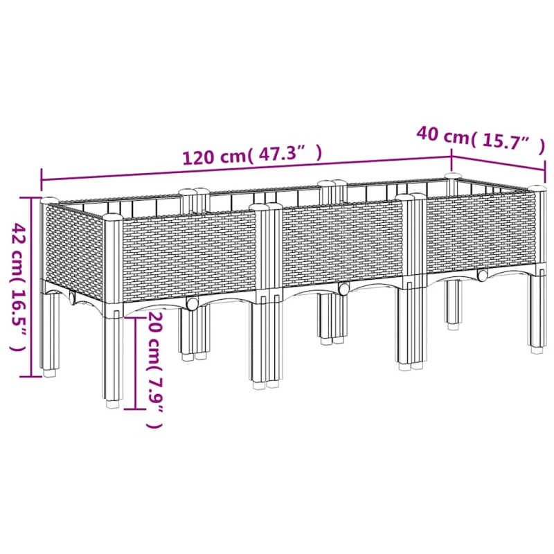 vidaXL dārza puķu kaste ar kājām, zili pelēka, 120x40x42 cm, PP