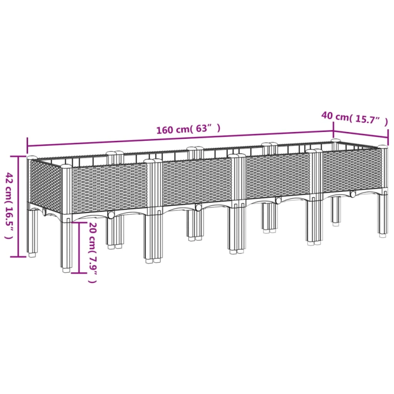 vidaXL dārza puķu kaste ar kājām, melna, 160x40x42 cm, PP