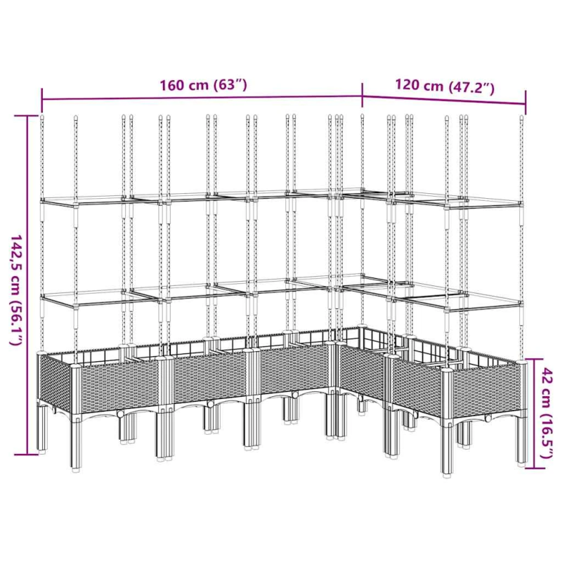 vidaXL dārza puķu kaste ar špaleru, melna, 160x120x142,5 cm, PP