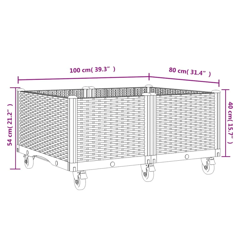 vidaXL dārza puķu kaste ar riteņiem, zili pelēka, 100x80x54 cm, PP