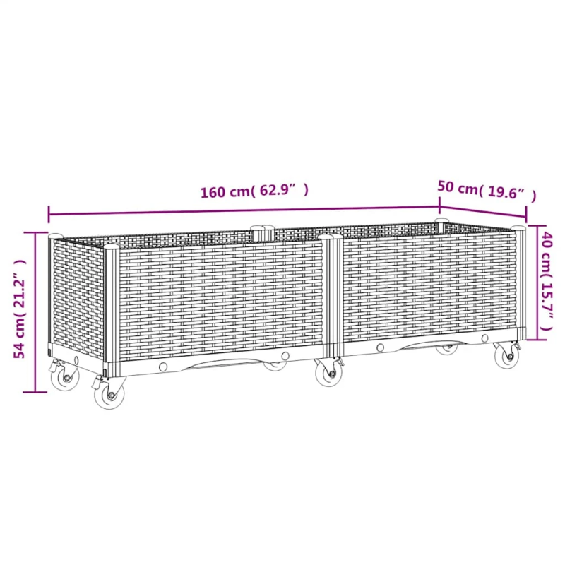 vidaXL dārza puķu kaste ar riteņiem, zili pelēka, 160x50x54 cm, PP
