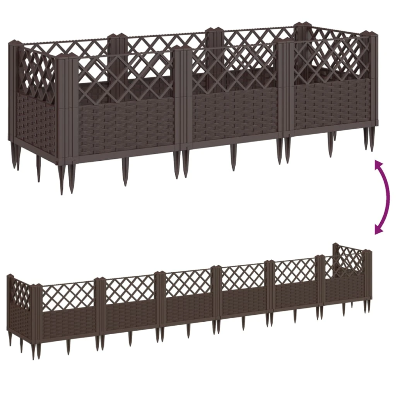 vidaXL dārza puķu kaste ar mietiņiem, brūna, 123,5x43,5x43,5 cm, PP