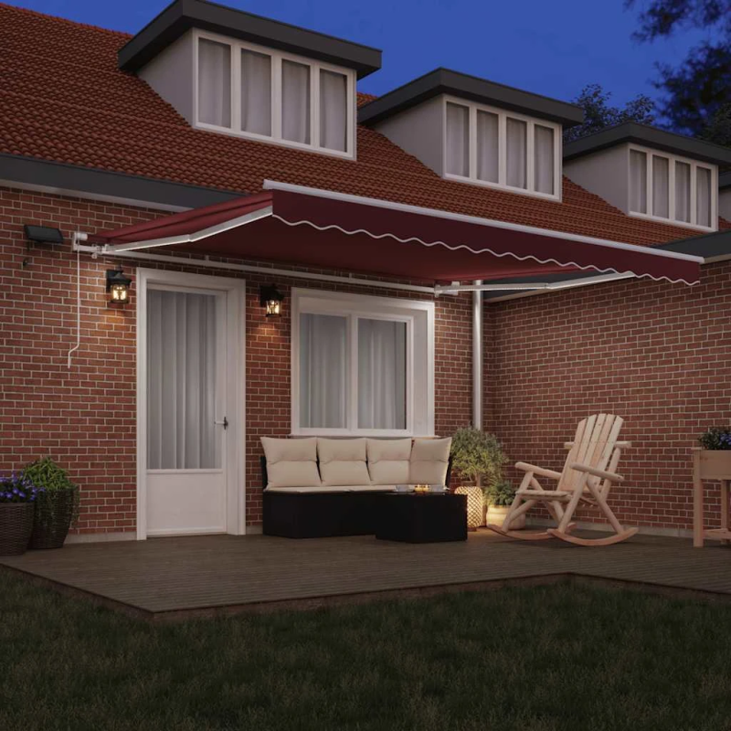 vidaXL izvelkama markīze ar LED, manuāla, 400x300 cm, vīnsarkana