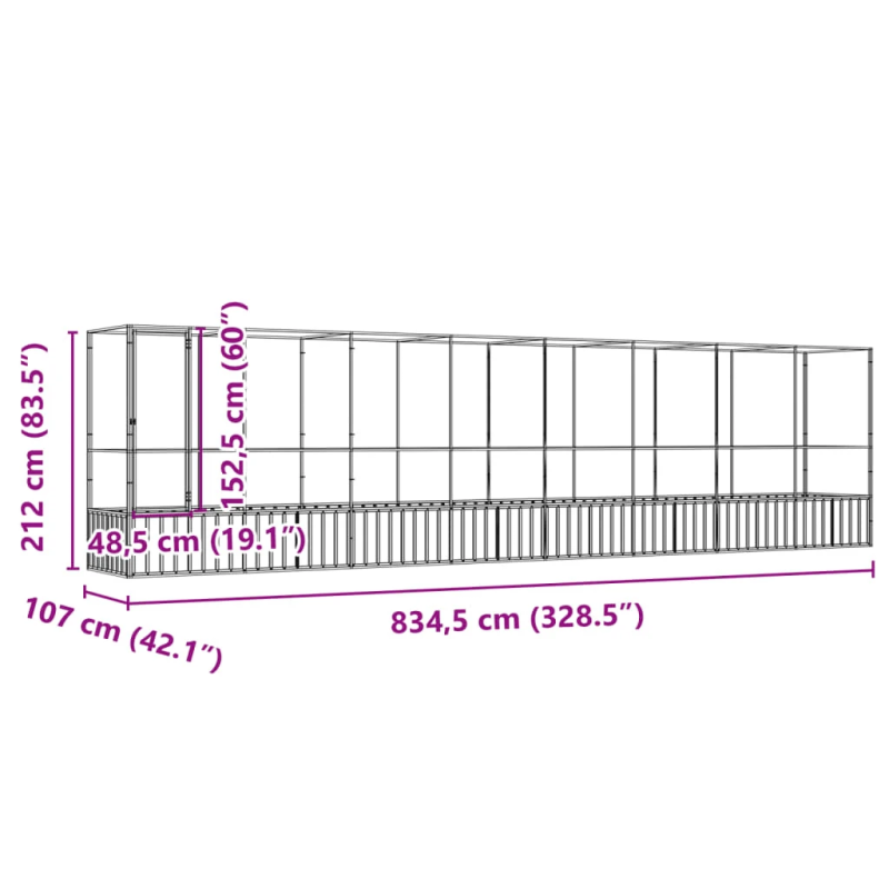 vidaXL putnu māja, sudraba krāsa, 834,5x107x212 cm, tērauds