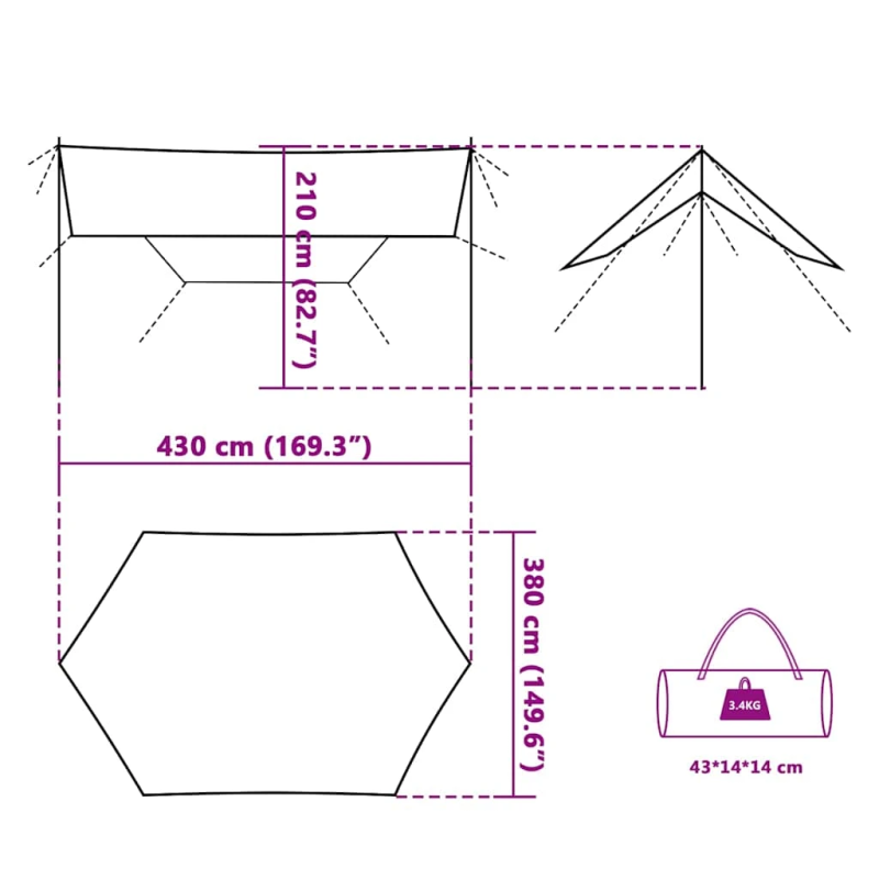 vidaXL kempinga tents, zila, 430x380x210 cm, ūdensizturīga
