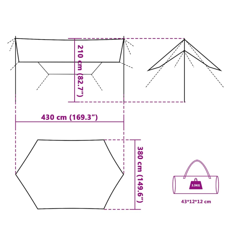 vidaXL kempinga tents, zaļa, 430x380x210 cm, ūdensizturīga