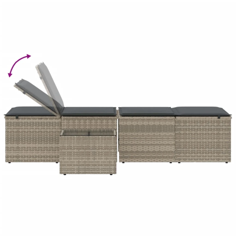 vidaXL sauļošanās krēsli, 2 gab., ar galdu, gaiši pelēks polietilēna rotangpalmas pinums