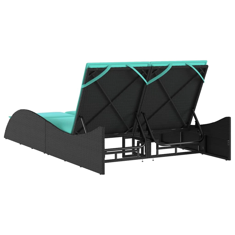 vidaXL sauļošanās krēsls ar spilveniem, melns, 114x205x73 cm, polietilēna rotangpalma