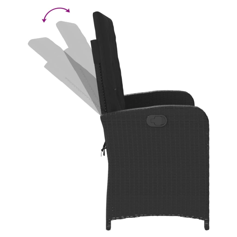 vidaXL atgāžams dārza krēsls ar matračiem, melna PE rotangpalma