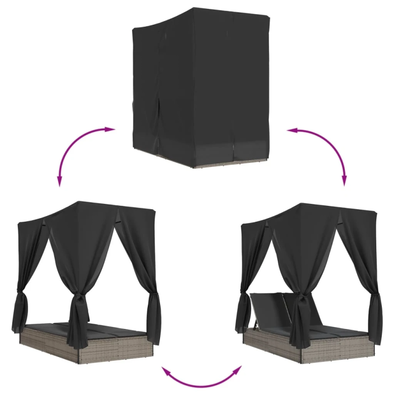 vidaXL divvietīgs sauļošanās krēsls ar jumtu un aizkariem, pelēka PE