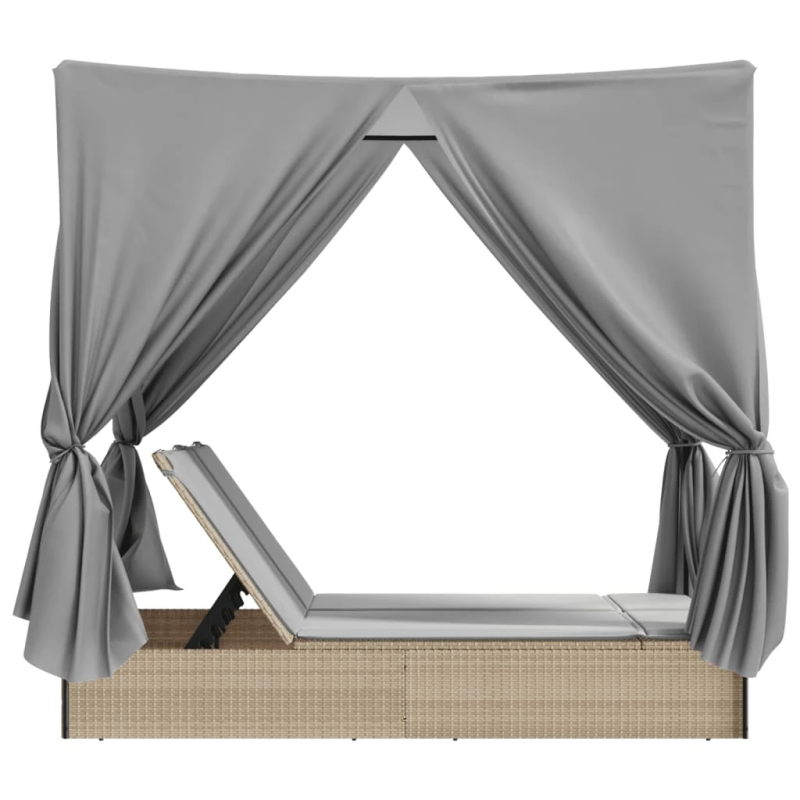 vidaXL divvietīgs sauļošanās krēsls ar jumtu un aizkariem, bēša PE